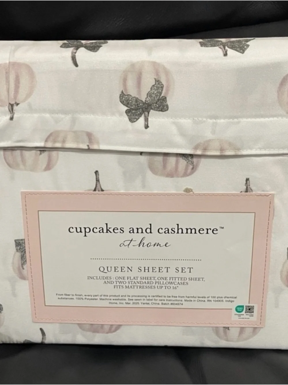 Halloween CUPCAKES & CASHMERE Pumpkin Lace Bow Queen Sheet Set